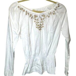 Michael Kors White and Gold Floral Embroidered Tunic w/Elastic Waist, Size Small